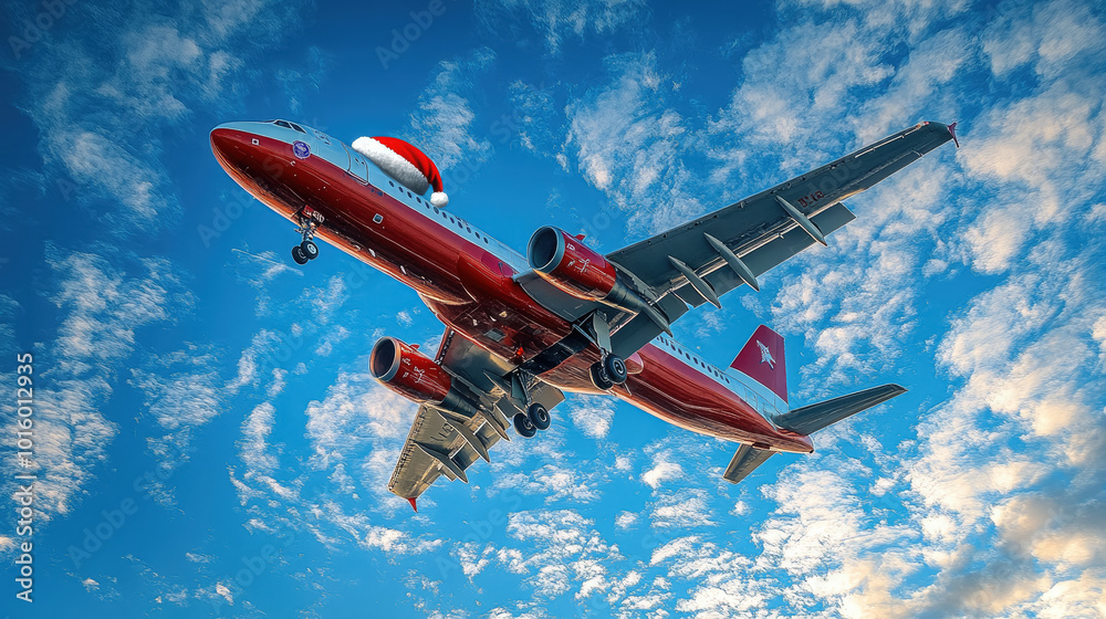 photo of red and white airplane with Santa Claus hat in blue sky, flight, air travel, christmas, new year, vacation, winter, xmas, plane, holiday, celebration, traveling photo of red and white airplane with Santa Claus hat in blue sky, flight, air travel, christmas, new year, vacation, winter, xmas, plane, holiday, celebration, traveling