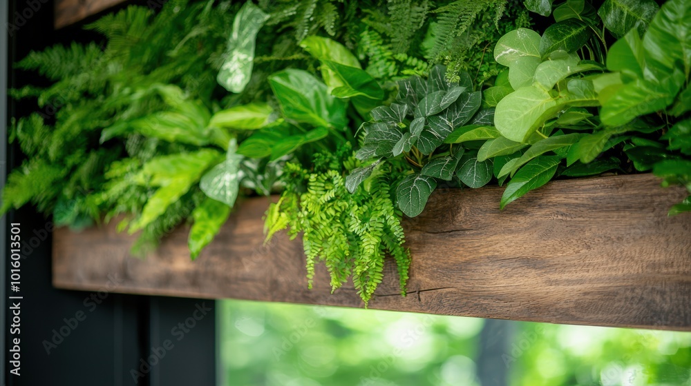 Lush green foliage in wooden planter Lush green foliage in wooden planter