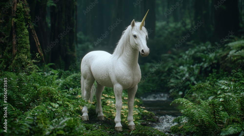 Majestic white unicorn standing in enchanted forest Majestic white unicorn standing in enchanted forest