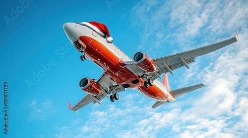 photo of red and white airplane with Santa Claus hat in blue sky, flight, air travel, christmas, new year, vacation, winter, xmas, plane, holiday, celebration, traveling