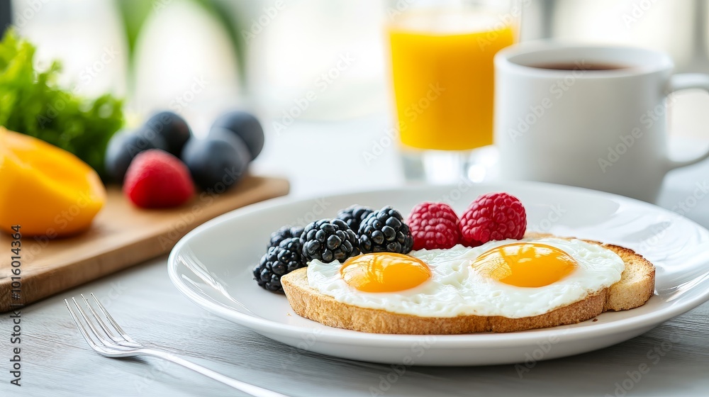 Sunny Side Up Eggs with Toasted Bread and Berries