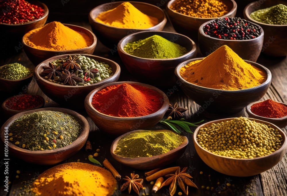 vibrant array colorful spices artfully displayed rustic wooden table surface various shapes sizes, bowl, herbs, colors, textures, arrangement, seasoning vibrant array colorful spices artfully displayed rustic wooden table surface various shapes sizes, bowl, herbs, colors, textures, arrangement, seasoning