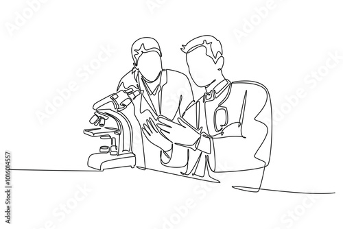 Continuous one line drawing couple scientist analyze blood sample using laboratory microscope to find covid19 vaccine. Medical research coronavirus. Single line draw design vector graphic illustration