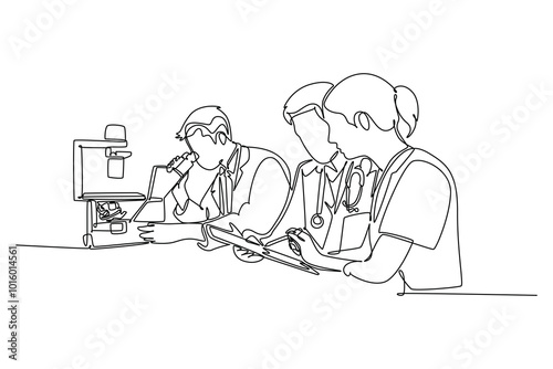 Continuous one line drawing group doctor analyze infected patient blood sample using laboratory microscope to find vaccine. Medical research team. Single line draw design vector graphic illustration