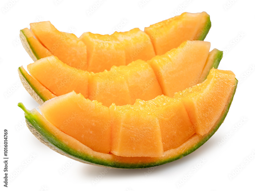 Cantaloupe melon slices isolated on white background. File contains clipping path. Cantaloupe melon slices isolated on white background. File contains clipping path.