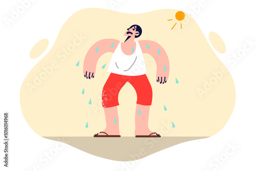 Man feels exhaustion standing under sun with scorching rays, due to lack of trees creating shade