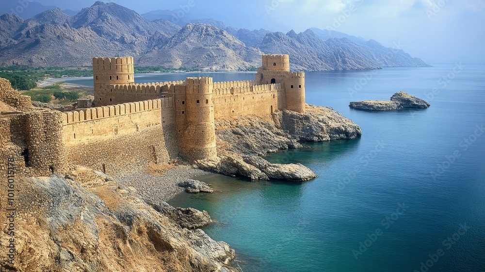 A majestic ancient stone fortress stands guard on a rocky coast, overlooking a calm turquoise sea and distant mountains. A majestic ancient stone fortress stands guard on a rocky coast, overlooking a calm turquoise sea and distant mountains.