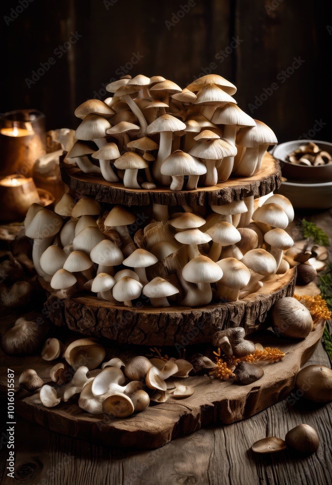 vibrant arrangement freshly sliced mushrooms artistically placed rustic wooden board natural culinary presentation, display, food, vegetable, ingredients