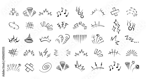 Manga or anime comic emoticon element graphic effects hand drawn doodle vector illustration set isolated on white background. Line style manga doodle line expression scribble anime mark collection.
