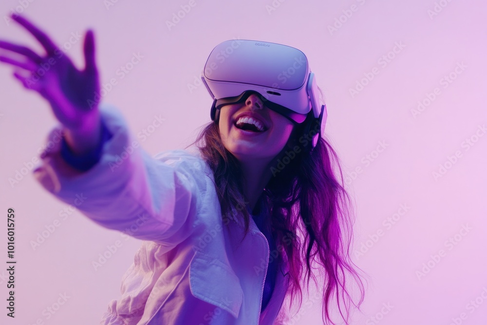 A young woman wearing a VR headset smiles enthusiastically as she performs aerial poses. minimalist studio background A young woman wearing a VR headset smiles enthusiastically as she performs aerial poses. minimalist studio background
