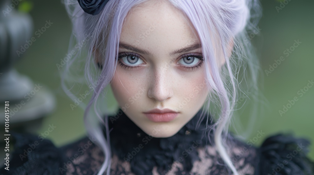 Captivating portrait of a woman with striking silver hair and intense gaze Captivating portrait of a woman with striking silver hair and intense gaze