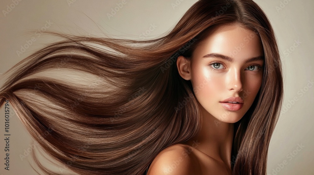 A young model posing with sleek, long brown hair that glows with health and shine. The smooth, straight texture of her hair reflects the light beautifully, creating a polished and glamorous look A young model posing with sleek, long brown hair that glows with health and shine. The smooth, straight texture of her hair reflects the light beautifully, creating a polished and glamorous look