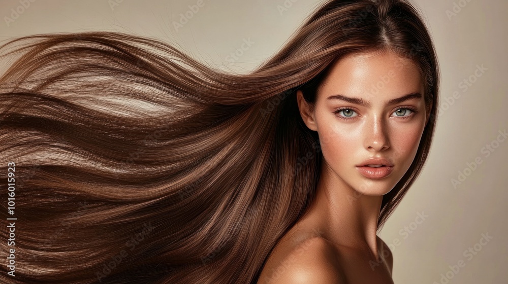 A young model posing with sleek, long brown hair that glows with health and shine. The smooth, straight texture of her hair reflects the light beautifully, creating a polished and glamorous look A young model posing with sleek, long brown hair that glows with health and shine. The smooth, straight texture of her hair reflects the light beautifully, creating a polished and glamorous look