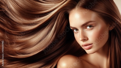 A young model posing with sleek, long brown hair that glows with health and shine. The smooth, straight texture of her hair reflects the light beautifully, creating a polished and glamorous look