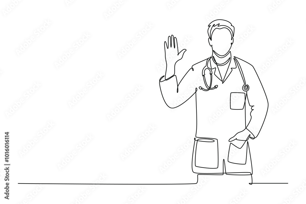 Single continuous line drawing male doctor giving warm welcome greeting or high five gesture to patients. Medical health care service workers. Dynamic one line draw graphic design vector illustration Single continuous line drawing male doctor giving warm welcome greeting or high five gesture to patients. Medical health care service workers. Dynamic one line draw graphic design vector illustration
