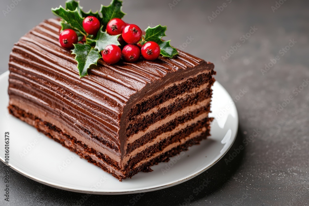Delicious chocolate cake with holly berries Delicious chocolate cake with holly berries