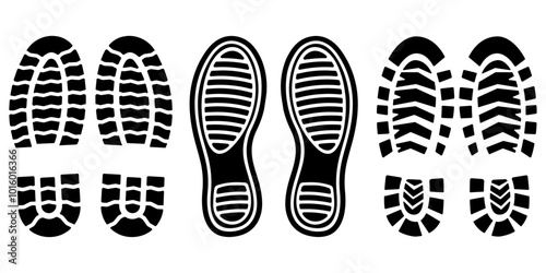 A set of three types of shoe soles. Black pairs of shoe prints silhouettes.