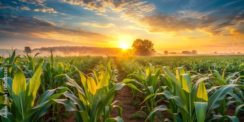 Gentle morning light bathes a captivating cornfield at dawn, illuminating the peaceful rural landscape and evoking a sense of calm and tranquility.