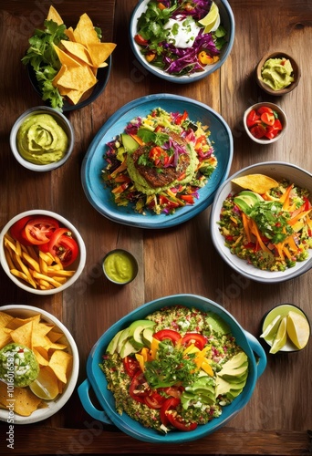 vividly colorful food showcasing tempting fast casual dishes bold textures rich ingredients, appetizing, burger, bowl, cheese, composition, crispy photo