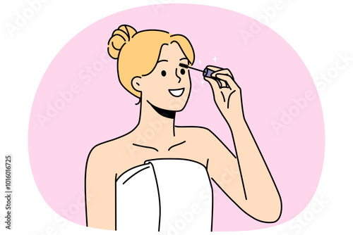 Smiling woman in towel on body doing makeup at home. Happy female painting lashes with mascara. Beauty and getting ready. Vector illustration.