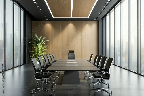 A spacious business meeting room with a sleek conference table and advanced technology, set for professional discussions.