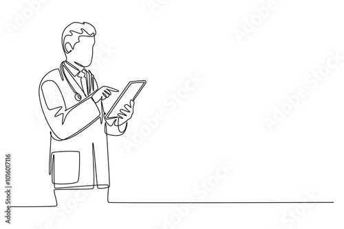 Single continuous line drawing male doctor pose standing to read a journal health and medical record on tablet. Medical health care research concept. One line draw graphic design vector illustration