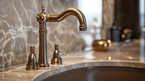 Close-up of a bronze faucet on a custom-built marble sink, showcasing sleek and opulent finishes against a polished countertop background