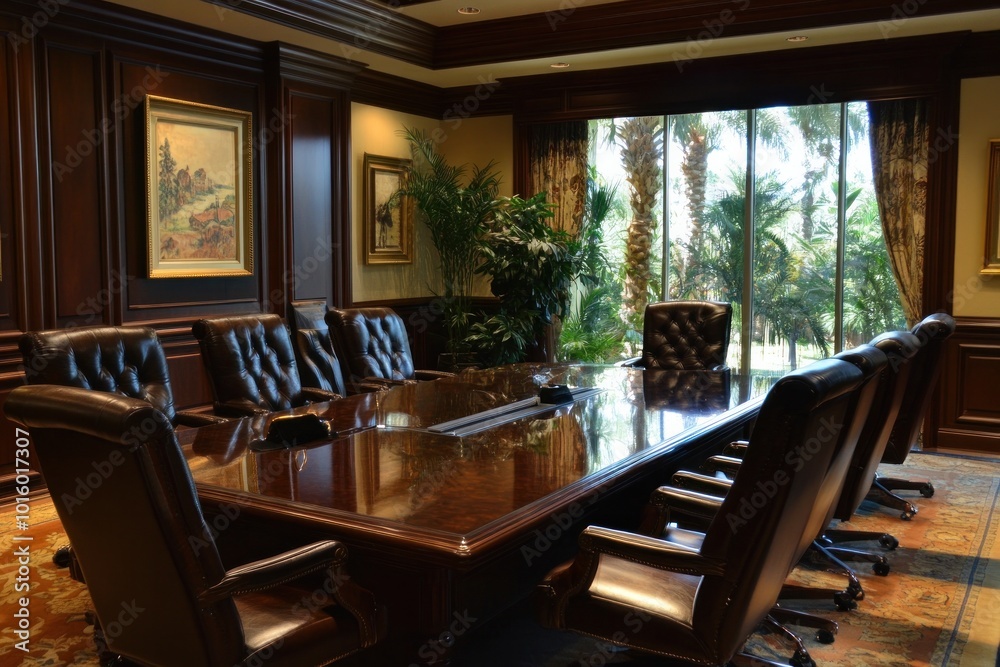 Fototapeta premium An elegant executive meeting room with dark wood furniture, premium seating, and state-of-the-art technology, designed for high-level decision-making.