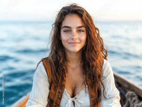 Smiling woman with curly hair on a boat