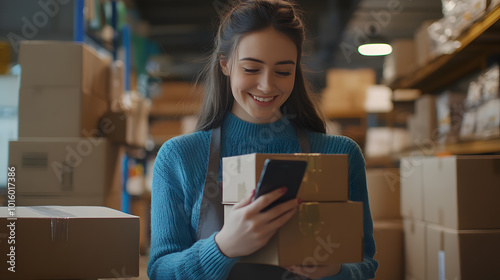 Smiling young woman in blue sweater and apron holding smartphone and stack of boxes, representing small business success