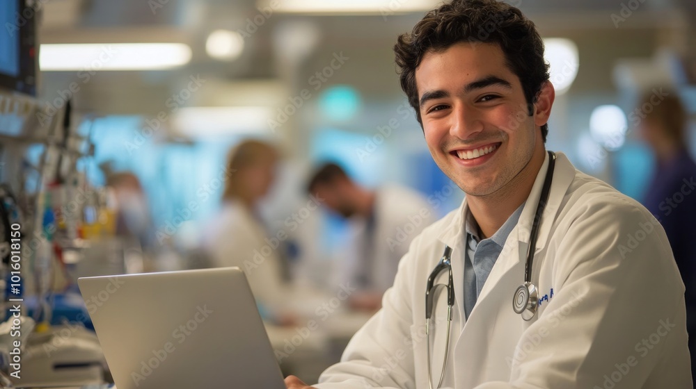 Doctor smiling confidently while working on laptop in modern hospital Surrounded by medical equipment It symbolizes the achievement of a discovery or advancement in patient care. Doctor smiling confidently while working on laptop in modern hospital Surrounded by medical equipment It symbolizes the achievement of a discovery or advancement in patient care.