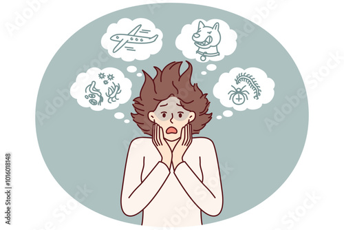 Woman with phobias and manic and rational fears associated with violation of psychological health. Shaggy girl phobia of flying on airplane or meeting stray dog and getting infested with ticks