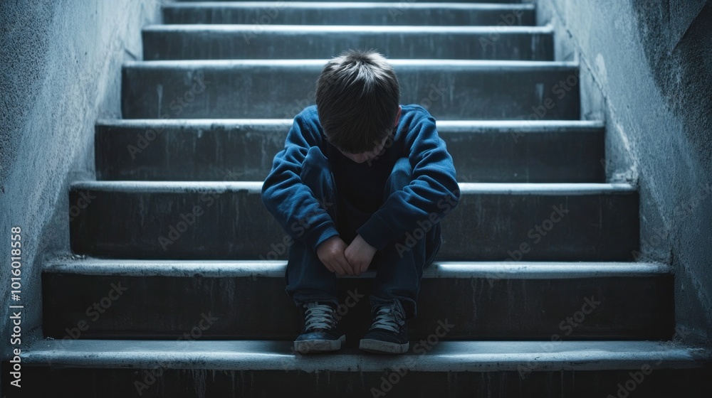 Depressed boy sitting alone on the stairs Head bowed in sorrow The empty, dimly lit environment emphasizes loneliness and emotional pain. Depressed boy sitting alone on the stairs Head bowed in sorrow The empty, dimly lit environment emphasizes loneliness and emotional pain.