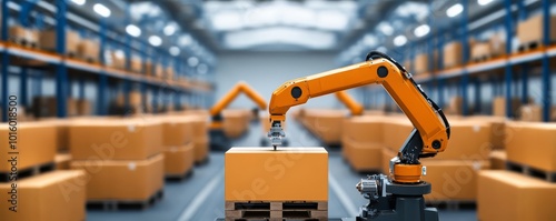 Advanced automation system, AI optimizing logistics flow, high-tech warehouse