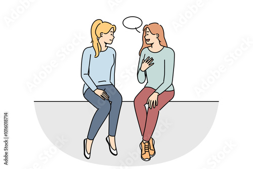 Happy girls sitting talking with speech bubble above head. Smiling women have conversation engaged in interesting discussion. Communication. Vector illustration.