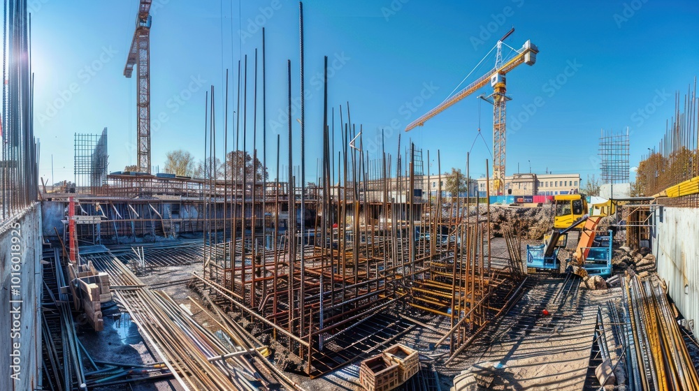 Construction Site with Cranes, Steel Rebar, and Excavator Construction Site with Cranes, Steel Rebar, and Excavator