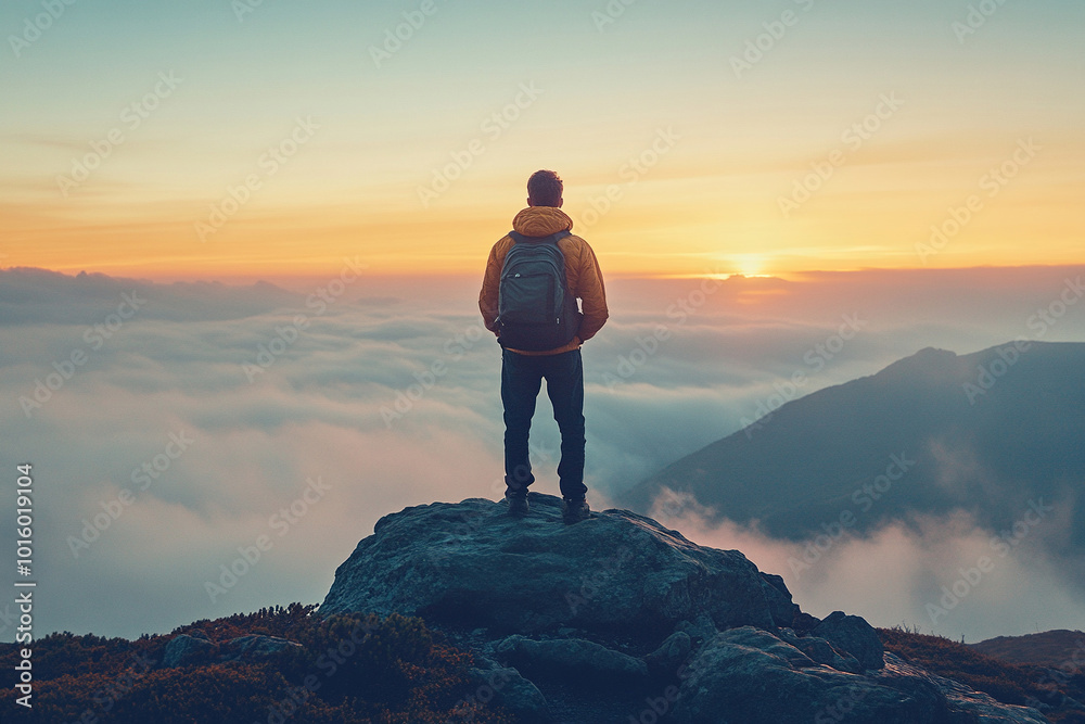 Fototapeta premium Amazing view of mountain range with male tourist on top of mountain in foreground. Concept of success or beauty of nature. Generated by artificial intelligence