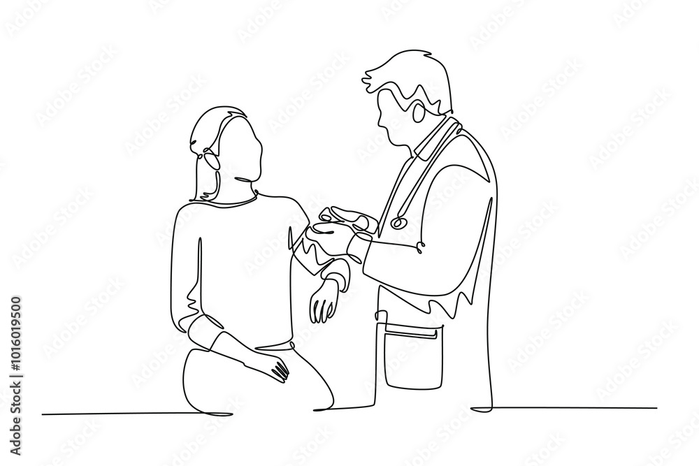 Single one line drawing male doctor examining woman patient checking pulse rate and blood pressure using tensiometer. Medical treatment concept. Continuous line draw design graphic vector illustration Single one line drawing male doctor examining woman patient checking pulse rate and blood pressure using tensiometer. Medical treatment concept. Continuous line draw design graphic vector illustration