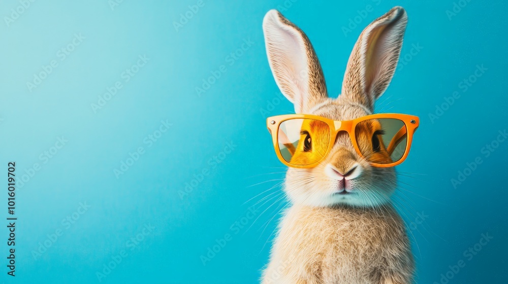 Trendy Rabbit in Orange Sunglasses, a whimsical rabbit wearing stylish sunglasses against a pastel blue backdrop, perfect for playful designs and lighthearted messaging. Trendy Rabbit in Orange Sunglasses, a whimsical rabbit wearing stylish sunglasses against a pastel blue backdrop, perfect for playful designs and lighthearted messaging.