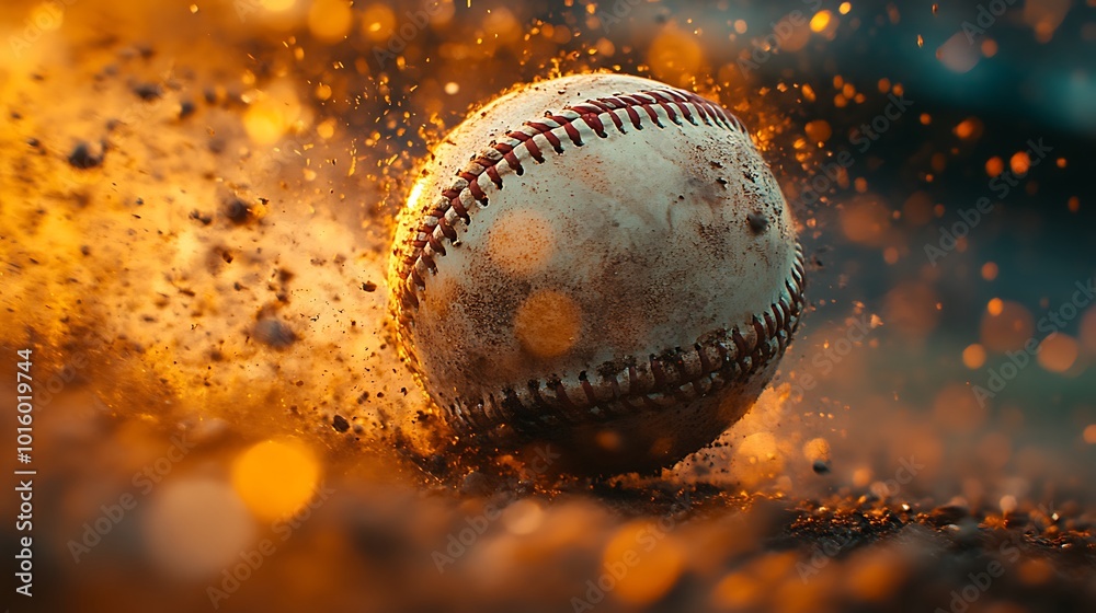 Baseball in mid-air, surrounded by dirt and dust after a hard hit, with a sunset backdrop. Baseball in mid-air, surrounded by dirt and dust after a hard hit, with a sunset backdrop.
