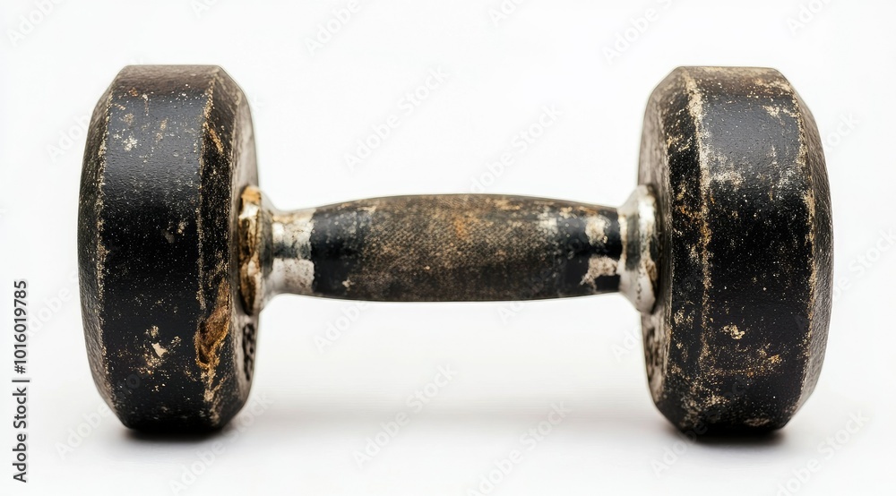 Isolated from background, old heavy beaten gym dumbbell hand weights with rubber surface. Sports, fitness, bodybuilding, wellbeing and weight lifting related isolated background Isolated from background, old heavy beaten gym dumbbell hand weights with rubber surface. Sports, fitness, bodybuilding, wellbeing and weight lifting related isolated background