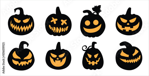 Halloween pumpkin head collection. Pumpkin with evil face. Halloween pumpkins with smirk smile. Vector stock illustration for sticker, wall decor, hanging door decoration.