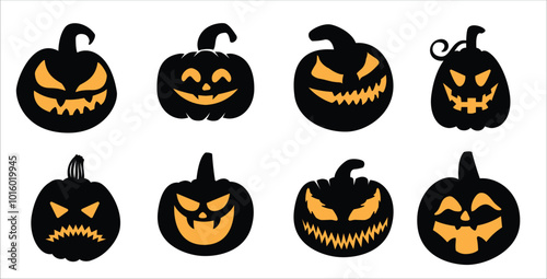 Halloween pumpkin head collection. Pumpkin with evil face. Halloween pumpkins with smirk smile. Vector stock illustration for sticker, wall decor, hanging door decoration.