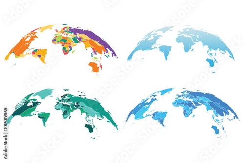 Curved World map contours on white background.High detailed political map of World