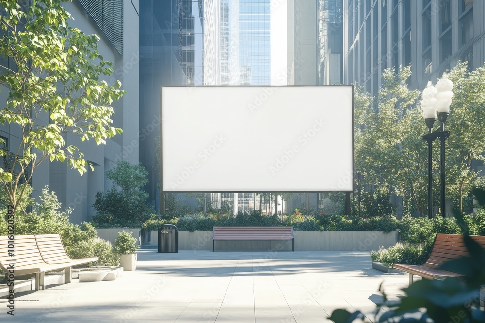 An expansive urban park in a bustling downtown area featuring a large empty billboard, surrounded by foliage, benches, and towering skyscrapers on a sunny day. An expansive urban park in a bustling downtown area featuring a large empty billboard, surrounded by foliage, benches, and towering skyscrapers on a sunny day.