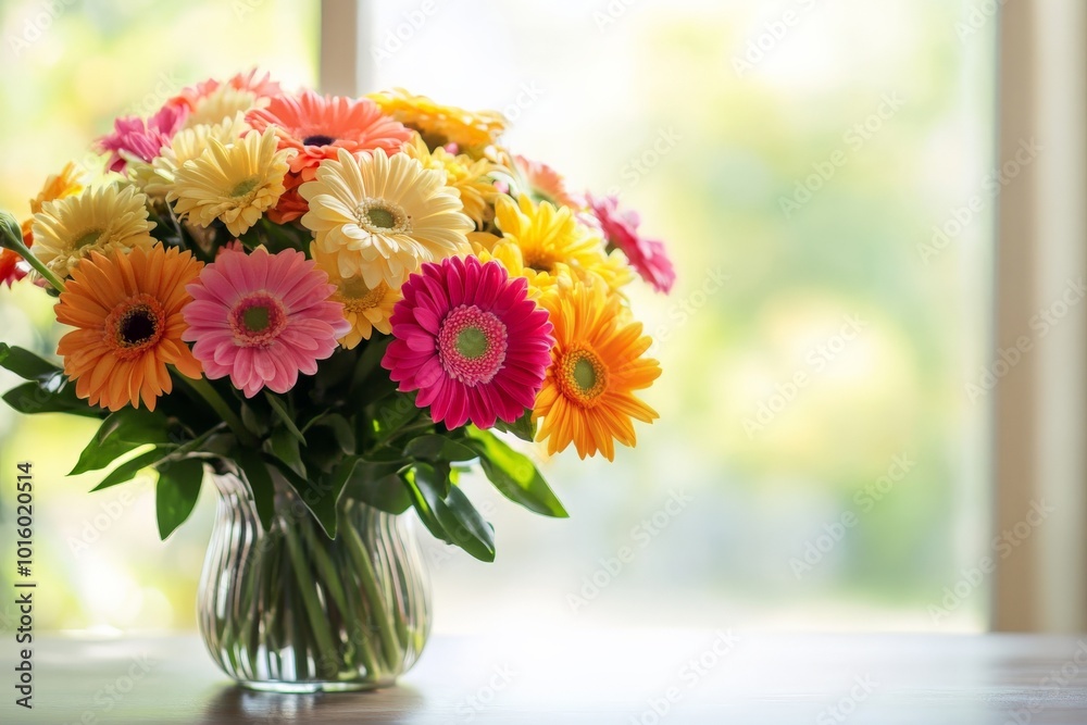 A stunning display of gerbera daisies in shades of pink, yellow, and orange, perfectly arranged in a glass vase, set against a softly blurred green outdoor backdrop. A stunning display of gerbera daisies in shades of pink, yellow, and orange, perfectly arranged in a glass vase, set against a softly blurred green outdoor backdrop.