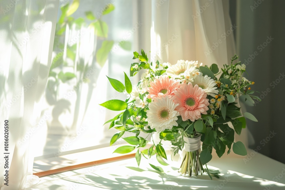 An elegant bouquet of pink and white flowers arranged beside a gently lit window, radiating tenderness and warmth in a serene indoor environment. An elegant bouquet of pink and white flowers arranged beside a gently lit window, radiating tenderness and warmth in a serene indoor environment.