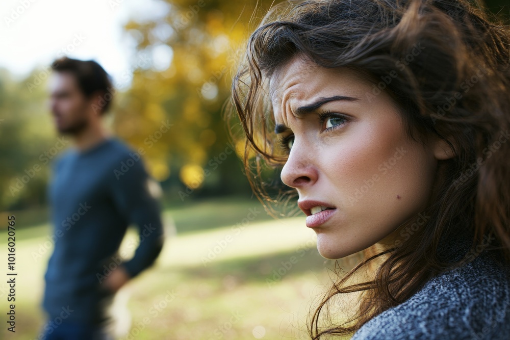 A woman with a concerned expression looks into the distance in an autumn park. Her emotional state reflects a moment of introspection and contemplation under golden foliage. A woman with a concerned expression looks into the distance in an autumn park. Her emotional state reflects a moment of introspection and contemplation under golden foliage.