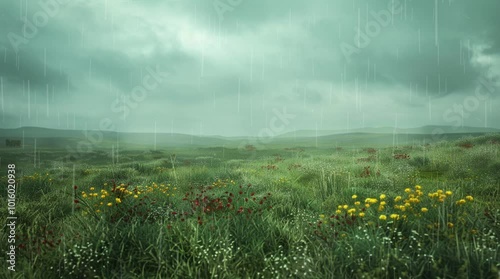 Lush grassland landscape under a gentle rain, showcasing the beauty of nature's greenery and the serene ambiance of a rainy day
 Seamless looping 4k time-lapse virtual video animation Generated AI
