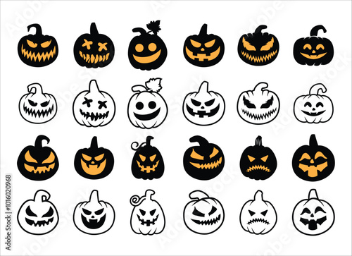 Halloween pumpkin head collection. Pumpkin with evil face. Halloween pumpkins with smirk smile. Vector stock illustration for sticker, wall decor, hanging door decoration.